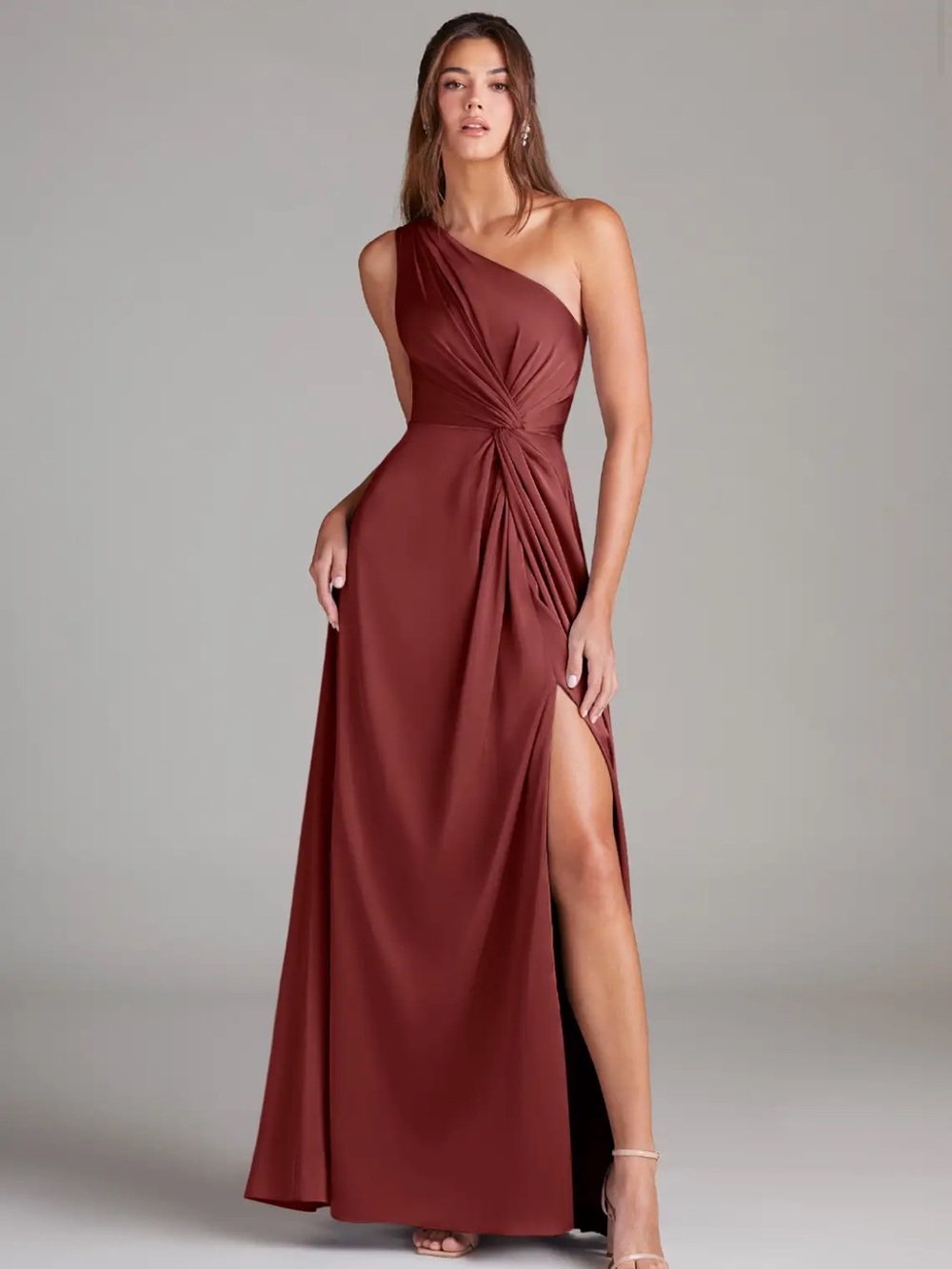 Azazie One-Shoulder Wine Evening Gown with Side Slit